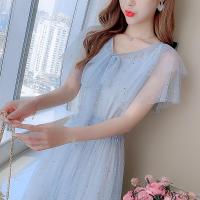 亮片网纱连衣裙女学生2021夏季新款法式仙女气质中长款短袖超仙裙 蓝色 S