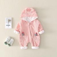 婴儿连体衣春秋装男卡通可爱爬爬服新生儿春季衣服洋气女宝宝哈衣 粉色 毛线帽子 双层条绒 66 0-3个月