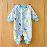 婴儿睡衣连体衣服秋装冬季加厚哈衣0-1岁男宝宝爬服法兰绒连体衣 浅蓝色 新款F344 59 建议10斤内56厘米下