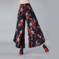 夏季棉麻阔腿裤女妈妈装大码九分裤印花裙裤中老年高腰喇叭休闲裤 花色1 2XL