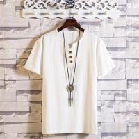 夏季亚麻短袖男中国风套装V领棉麻T恤潮流麻料男装半袖休闲上衣薄 白色 M建议95斤左右