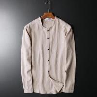 老谭同款棒球领春秋宽松休闲棉麻衬衣中国风上衣潮亚麻衬衫男大码 亚麻色 S 适合100斤左右