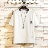 亚麻t恤男短袖潮牌刺绣棉麻半袖宽松麻料上衣圆领中袖中国风男装 白色 T058 M 建议90-110斤穿