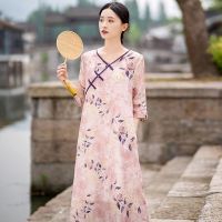 文艺复古斜襟珠扣棉麻短袖连衣裙夏季宽松大码气质显瘦印花中长裙 粉色 M[95-120斤]