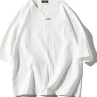 新款大码T恤男短袖宽松麻料体恤复古中国风男装夏季七分袖棉麻t恤 白色 M 适合 110-125斤