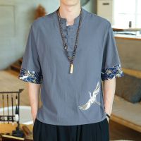 汗衫夏天短袖t恤男中国风少数民族肥佬国风男装亚麻粗布衣服古风 灰蓝高品质(901) M 90-110斤左右