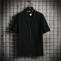 夏季新款亚麻短袖T恤男韩版潮流胖子棉麻半袖打底衫体恤潮牌男装 T038黑色 M 90-115斤