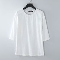 新款大码T恤男短袖宽松麻料体恤复古中国风男装夏季七分袖棉麻t恤 白色 M 110-130斤