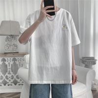 水洗棉麻刺绣短袖t恤男士日系宽松半袖5分袖潮亚麻体恤男装夏季 白色 S 40-60斤
