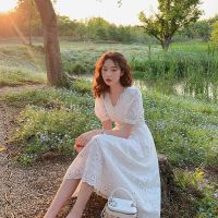 蕾丝连衣裙2020夏新款法式仙女气质收腰显瘦白色V领短袖连衣裙夏 白色长款 S