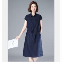 减龄宽松休闲系带亚麻棉麻女短袖中长款新款夏装连衣裙 藏青色 M 90-105斤