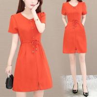 夏季连衣裙女2021新款大码夏装中长款妈妈装气质收腰短袖洋气裙子 桔红色 8801(优质面料) 3XL 建议120-13