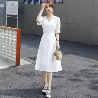 TERRE BLEUE短袖连衣裙女夏装2021新款修身显瘦V领镂空女士裙子 白色 L
