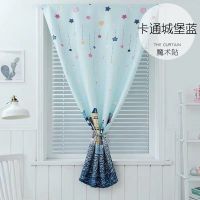 免打孔魔术贴自粘贴简易门帘厨房出租房小窗户遮光成品卡通短窗帘 卡通城堡-蓝色 宽1.0米高1.5米 一片 魔术贴
