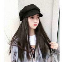 鸭舌帽一体长直发 假发女潮流时尚仿真长发 黑色带长发帽子全头套 黑色帽字直发浅棕发网+护理液