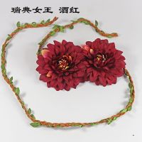 帽子配饰花带仿真玫瑰花手工编织儿童帽子夏季遮阳帽用树叶绳花环 瑞典女王酒红 1条