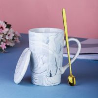 情侣水杯女对杯ins男陶瓷马克杯创意杯子礼盒套大容量带盖勺简约 纯色-灰色 泡沫包装[瓷杯+瓷盖+金勺]