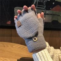 手套男士冬季学生韩版保暖防寒潮加绒加厚棉毛线半截露指半指冬天 翻盖贴标鹿角款**#-灰色