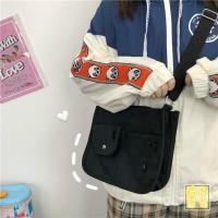 日系原宿可爱古着感少女斜挎包韩国ins复古大容量学生上课帆布包 软妹小挎包黑(无挂件)
