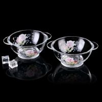 家用玻璃餐具套装碗盘杯组合环保印花贴花玻璃杯玻璃碗玻璃盘耐热 两只繁花见双耳碗