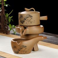 全半懒人自动茶具套装办公室会客家用石磨茶壶玻璃功夫茶泡茶神器 [粗 荷]石磨+公道杯黄矿-