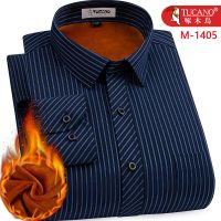 啄木鸟保暖衬衫男士长袖条纹休闲中年老年爸爸装宽松加绒加厚衬衣 啄木鸟M1405 38[建议90-110斤]