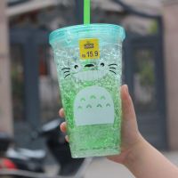 夏日碎冰杯奶茶水杯冰酷杯随手杯女学生韩版制冷双层塑料吸管杯子 龙猫450毫升平盖绿色