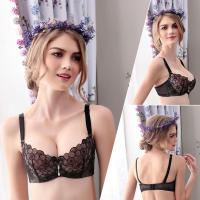 诱姿新款内衣女超薄文胸水晶杯无海绵性感蕾丝聚拢胸罩 58011神秘黑 80C