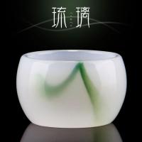 翡翠绿水墨玉瓷主人杯单杯青色杯大仿玉石琉璃功夫茶杯 飘绿水墨口杯单个装