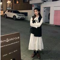 胖MM2021秋款长袖白色蝴蝶结长裙马甲气质法式轻熟风两件套连衣裙 经典黑白套装 S 80-110斤