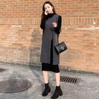 2020秋冬新款韩版显瘦两件套裙加绒加厚开叉背心裙长款马甲连衣裙 单件连衣裙 M