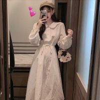 2021年新款韩版收腰显瘦娃娃领长袖连衣裙气质简约修身中长款裙子 白色[收藏店铺优先发货哦] S [70-95]