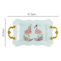 长方形带把手杯盘北欧现代创意家用客厅蛋糕下午茶点心盘玻璃托盘 白底色火烈鸟