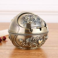 家用烟灰缸防风带盖灭烟器创意个性耐摔欧式客厅茶几大号高档烟缸 古青铜玫瑰[大号]