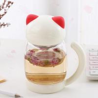 单层玻璃杯带盖呆萌多用小猫咪杯子花茶杯带过滤便携创意可爱水杯 知性白(300ml)带滤网