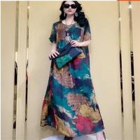 复古大码连衣裙2021夏新款宽松大版印花气质民族风长裙 绿色 M