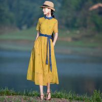 连衣裙夏装2021年新款大大码女装文艺复古显瘦民族风花色气质长裙[6天内发货] 黄色 M 90-105斤