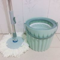家用单桶旋转拖把手压旋转小单筒迷你甩干桶免手洗单桶好神拖 新绿+塑篮+塑盘+加强杆+2头