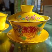 临夏.特色八宝盖碗茶,茶具加厚三炮台碗 大号精致款彩釉黄