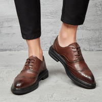 皮鞋男真皮秋季2021新款透气韩版潮流时尚商务休闲布洛克英伦男鞋