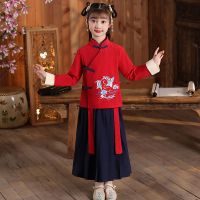 新款儿童三字经国学服五四演出服幼儿园毕业服装汉服中国风合唱服 红色女款 100