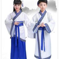 儿童古装汉服国学服男童女童书童中国风服装小学生三字经演出服 经典花纹蓝色女款. 100 按照身高拍,偏胖拍大一码.