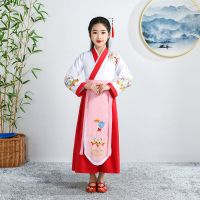 男童古装汉服国学服儿童朗诵演出服女童三字经书童表演服装中国风 红色送粉腰带 100