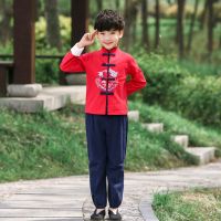 儿童古装汉服国学服男童朗诵书童服装男孩民国风女童三字经演出服 红色男款长袖 110