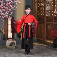 儿童古装汉服女童国学男童小学生表演服三字经书童开笔礼演出服装 红色男款 110