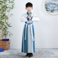 儿童国学汉服小学生元旦演出服中国风古装男女童三字经朗诵表演服 湖蓝拼接款直袖男 (男女同款) 90 (标准尺码)