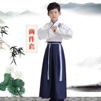儿童古装汉服女童国学服男童三字经弟子规演出服书童六一表演服装 男童 上衣+蓝裙 送古书 110