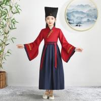 儿童古装汉服女童国学服男童三字经弟子规演出服襦裙书童表演服装 红色书童+帽子广袖 110 适合105-114