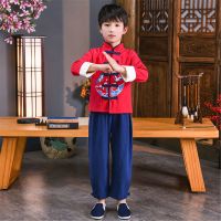 六一儿童古装国学汉服男童中国风男孩书童服装小学生三字经演出服 仙鹤款.红色男童 90