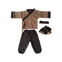 儿童古装汉服女童国学男童小学生表演服三字经书童开笔礼演出服装 褐色 帽子+上衣+裤子+腰带 80